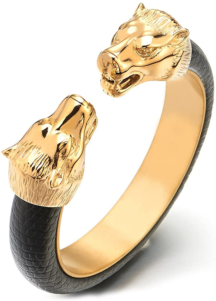 DezignStyler Gold Black Adjustable Wolf Head Open Cuff Bangle Bracelet