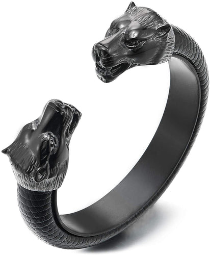 DezignStyler Black Adjustable Wolf Head Open Cuff Bangle Bracelet