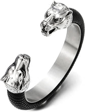 Load image into Gallery viewer, DezignStyler Silver Black Adjustable Wolf Head Open Cuff Bangle Bracelet