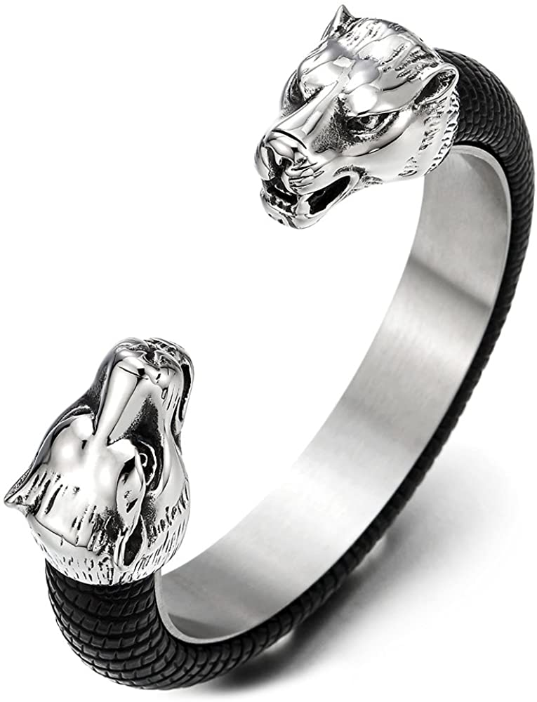 DezignStyler Silver Black Adjustable Wolf Head Open Cuff Bangle Bracelet