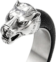 Load image into Gallery viewer, DezignStyler Silver Black Adjustable Wolf Head Open Cuff Bangle Bracelet
