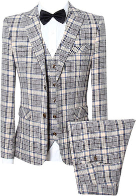 Men's Grey/Yellow Checkered Long Sleeve Blazer & Pants 3pc Suit