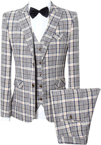 Men's Orange/Gray Checkered Long Sleeve Blazer & Pants 3pc Suit