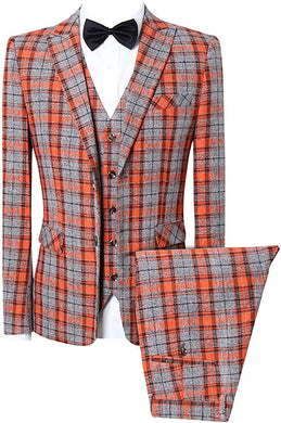 Men's Orange/Gray Checkered Long Sleeve Blazer & Pants 3pc Suit