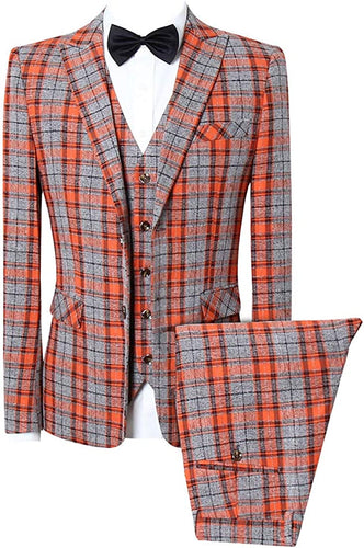 Men's Orange/Gray Checkered Long Sleeve Blazer & Pants 3pc Suit