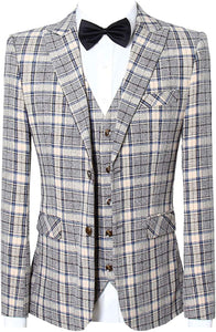 Men's Grey/Yellow Checkered Long Sleeve Blazer & Pants 3pc Suit