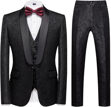 Men's Artistic Black Long Sleeve 3pc Paisley Suit Set