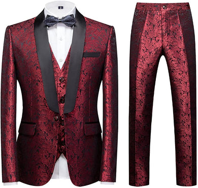 Men's Artistic Red Floral Long Sleeve 3pc Paisley Suit Set