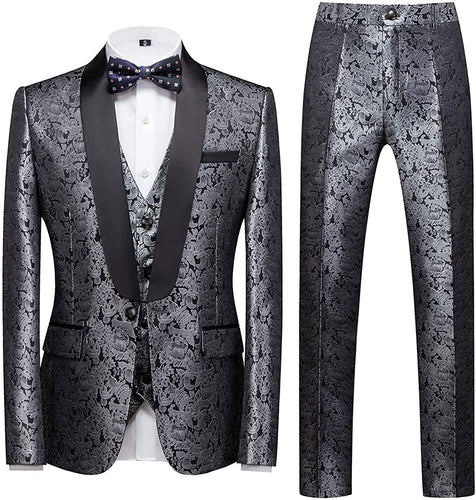 Men's Artistic Silver 3pc Paisley Suits Set