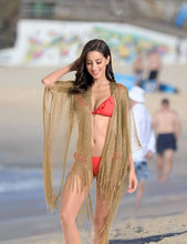 Load image into Gallery viewer, Metallic Gold Kimono Fringe Cover Up
