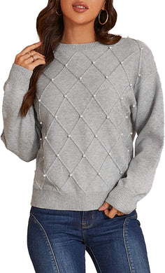 Studded Pearl Grey Pullover Long Sleeve Ribbed Knit Sweater