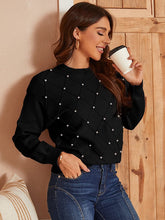 Load image into Gallery viewer, Studded Pearl Black Pullover Long Sleeve Ribbed Knit Sweater