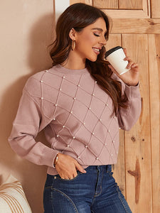 Studded Pearl Pink Pullover Long Sleeve Ribbed Knit Sweater