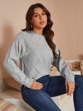 Load image into Gallery viewer, Studded Pearl Grey Pullover Long Sleeve Ribbed Knit Sweater