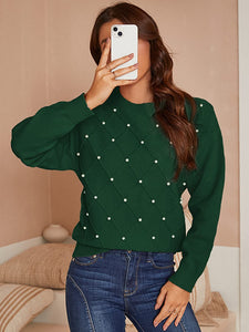 Studded Pearl Green Pullover Long Sleeve Ribbed Knit Sweater