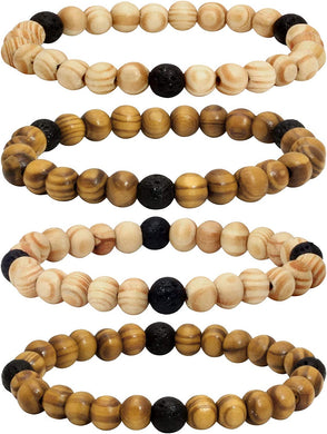 Wood Bracelet with Natural Lava Rock Stretch Wristlet Beads