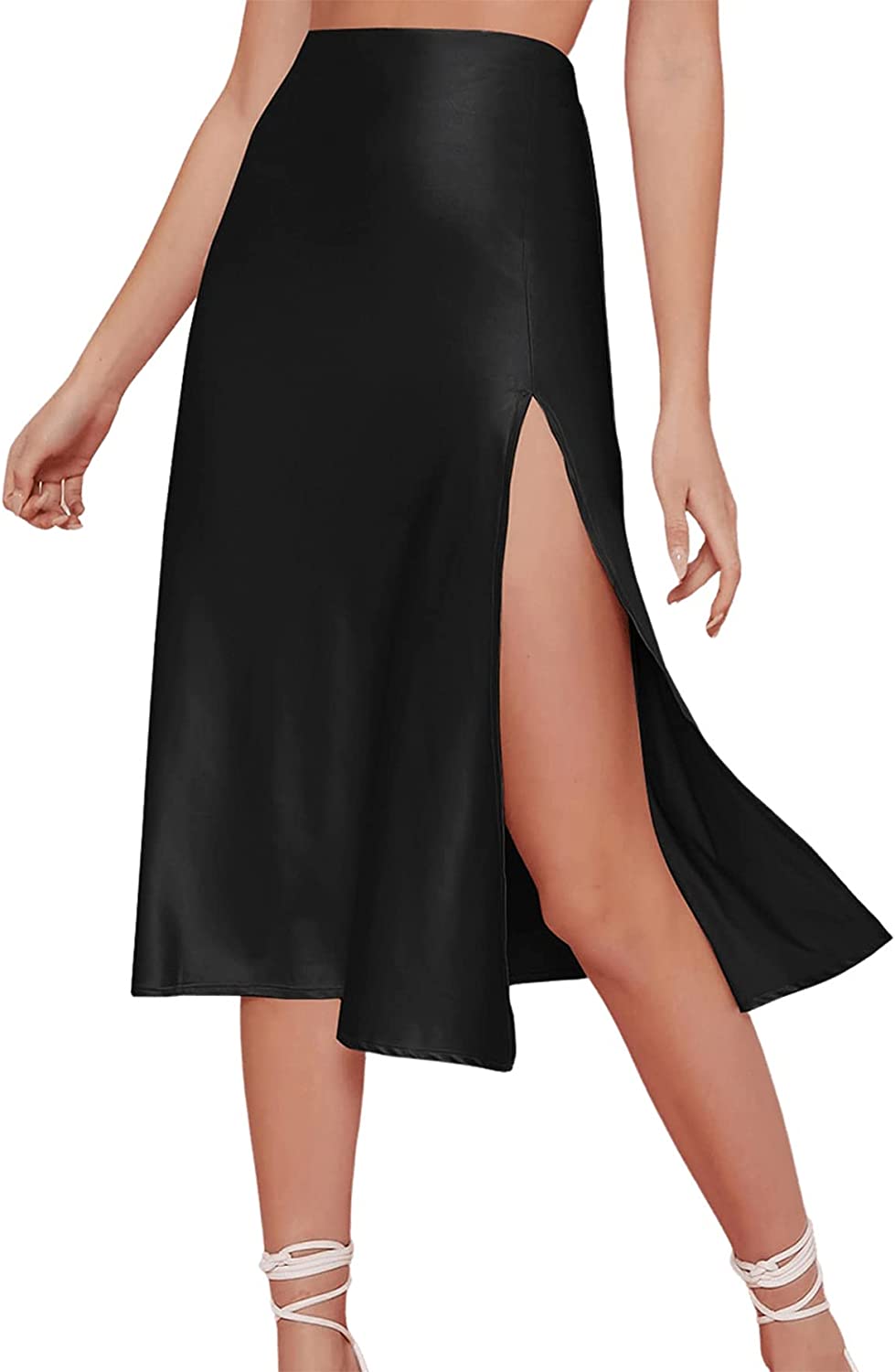 Black High Waisted Satin High Split Side Zipper Solid Midi Skirt
