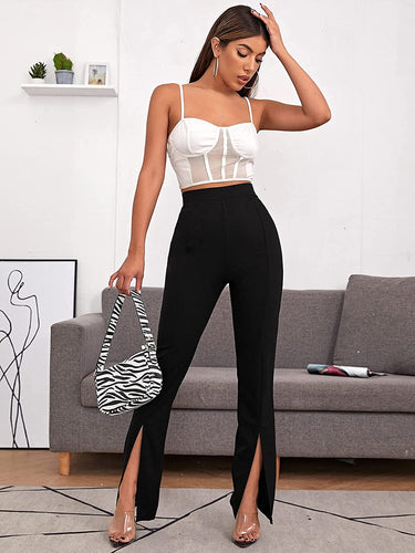 Elegant Black High Waisted Straight Leg Split Hem Pants