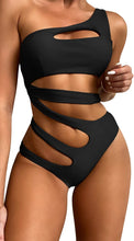 Load image into Gallery viewer, Women&#39;s One Shoulder Cut Out One Piece Solid Black Bathing Suit