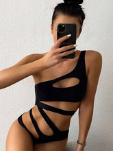Load image into Gallery viewer, Women&#39;s One Shoulder Cut Out One Piece Solid Black Bathing Suit