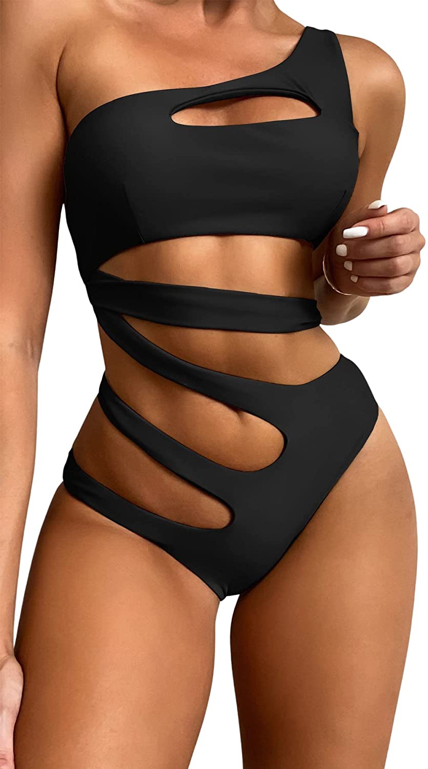 Women's One Shoulder Cut Out One Piece Solid Black Bathing Suit