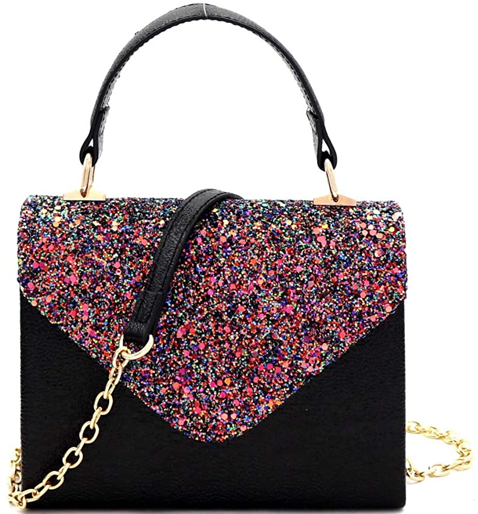 Mini Retro Glitter Multi Black Box Flap leather Satchel Crossbody Handbag