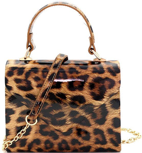 Mini Retro Leopard Patent Brown Box Flap leather Satchel Crossbody Handbag