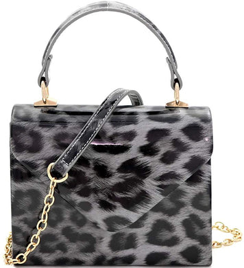 Mini Retro Leopard Patent Gray Box Flap leather Satchel Crossbody Handbag