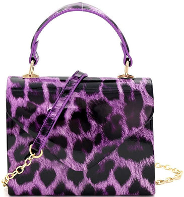 Mini Retro Leopard Patent Purple Box Flap leather Satchel Crossbody Handbag
