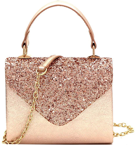 Mini Retro Glitter Rose Gold Box Flap leather Satchel Crossbody Handbag