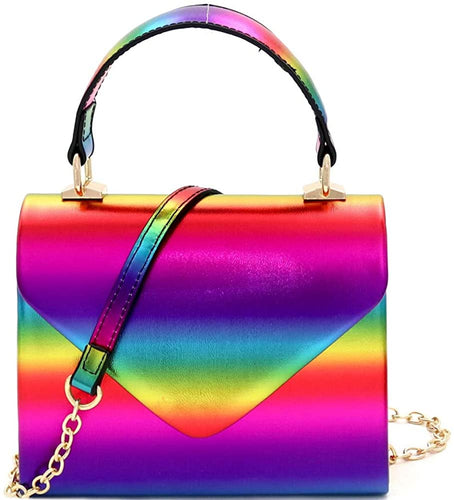 Mini Retro Rainbow Metallic Box Flap leather Satchel Crossbody Handbag