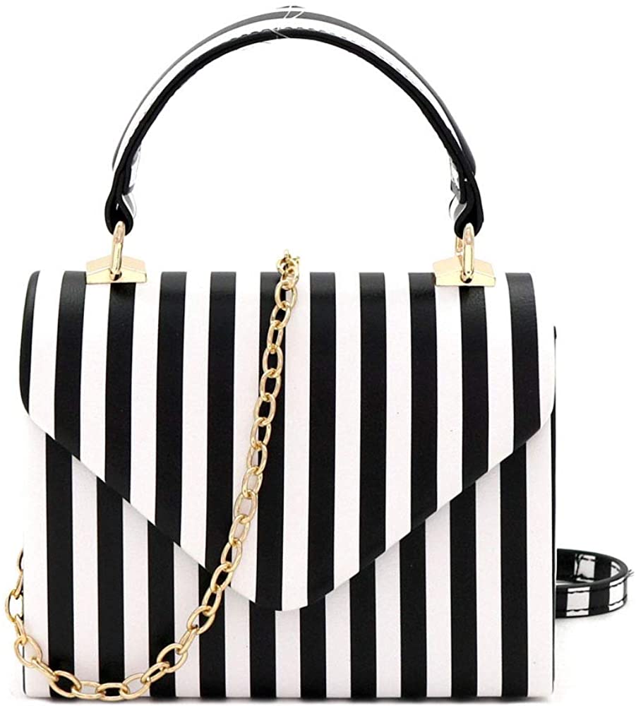 Mini Retro Stripe Print Black and White Box Flap leather Satchel Crossbody Handbag