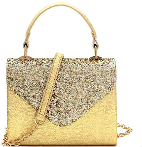 Mini Retro Glitter Gold Box Flap leather Satchel Crossbody Handbag