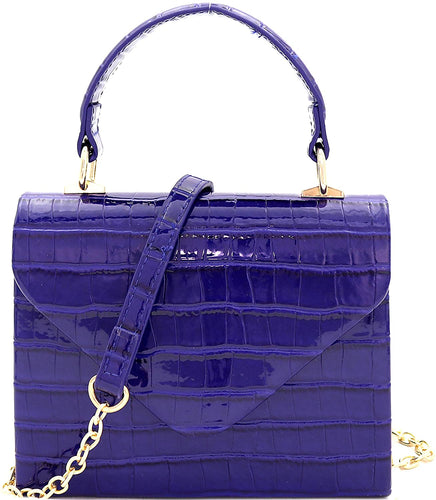 Mini Retro Glossy Crocodile Blue Box Flap leather Satchel Crossbody Handbag