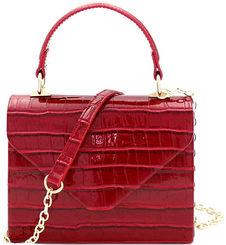 Mini Retro Glossy Crocodile Burgundy Box Flap leather Satchel Crossbody Handbag