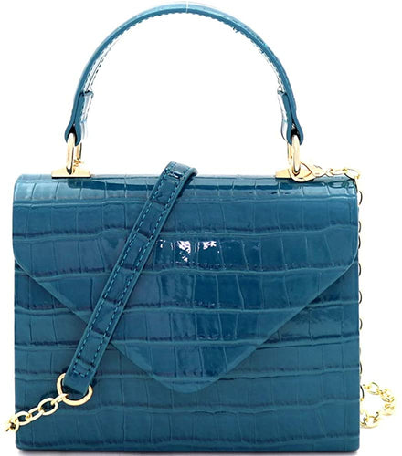 Mini Retro Glossy Crocodile Teal Box Flap leather Satchel Crossbody Handbag