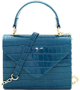 Mini Retro Glossy Crocodile Blue Box Flap leather Satchel Crossbody Handbag