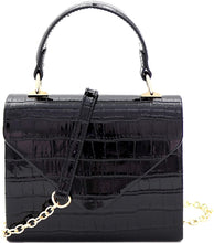 Load image into Gallery viewer, Mini Retro Glossy Crocodile Black Box Flap leather Satchel Crossbody Handbag