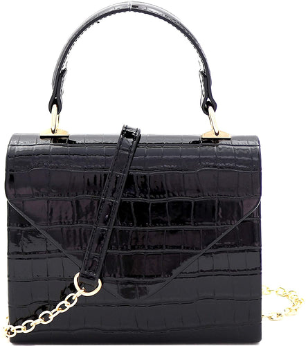 Mini Retro Glossy Crocodile Black Box Flap leather Satchel Crossbody Handbag