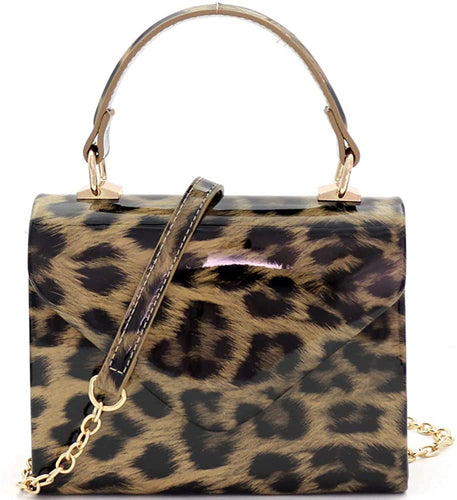 Mini Retro Leopard Patent Beige Box Flap leather Satchel Crossbody Handbag