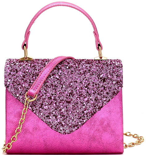 Mini Retro Glitter Pink Box Flap leather Satchel Crossbody Handbag