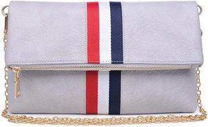 Modern Striped Grey Vegan Leather Folder Over Clutch With Removable Chain Strap