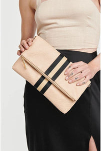 Modern Striped Grey Vegan Leather Folder Over Clutch With Removable Chain Strap