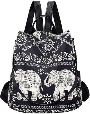Petite Elephant Print Black Zipper Closure Oxford Backpack