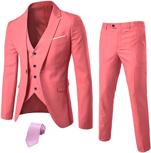 Exclusive Men's Coral Peach Slim Fit Tux Jacket Vest Pants & Tie Set