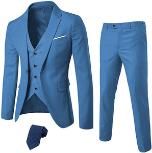 Exclusive Men's Navy Blue Slim Fit Tux with One Button, Jacket Vest Pants & Tie Set