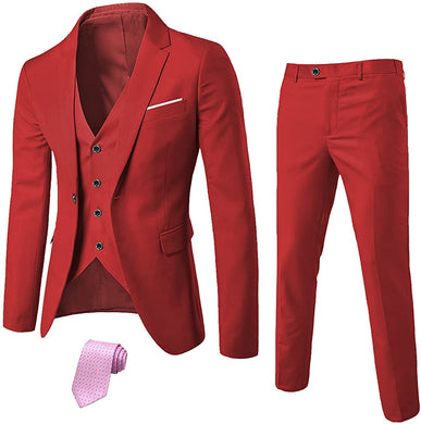 Exclusive Men's Red Slim Fit Tux with One Button, Jacket Vest Pants & Tie Set