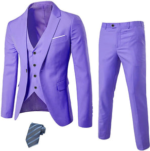 Exclusive Men's Dark Purple Slim Fit Tux with One Button, Jacket Vest Pants & Tie Set