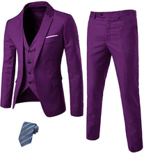 Load image into Gallery viewer, Exclusive Men&#39;s Dark Purple Slim Fit Tux with One Button, Jacket Vest Pants &amp; Tie Set