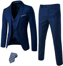 Load image into Gallery viewer, Exclusive Men&#39;s Navy Blue Slim Fit Tux with One Button, Jacket Vest Pants &amp; Tie Set